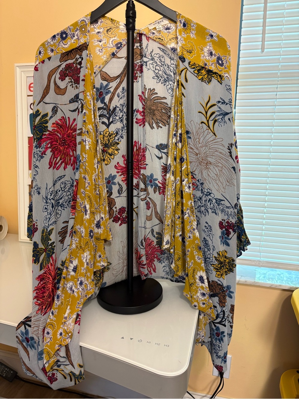 Umgee Mustard & Light Blue Floral Draped Open Kimono